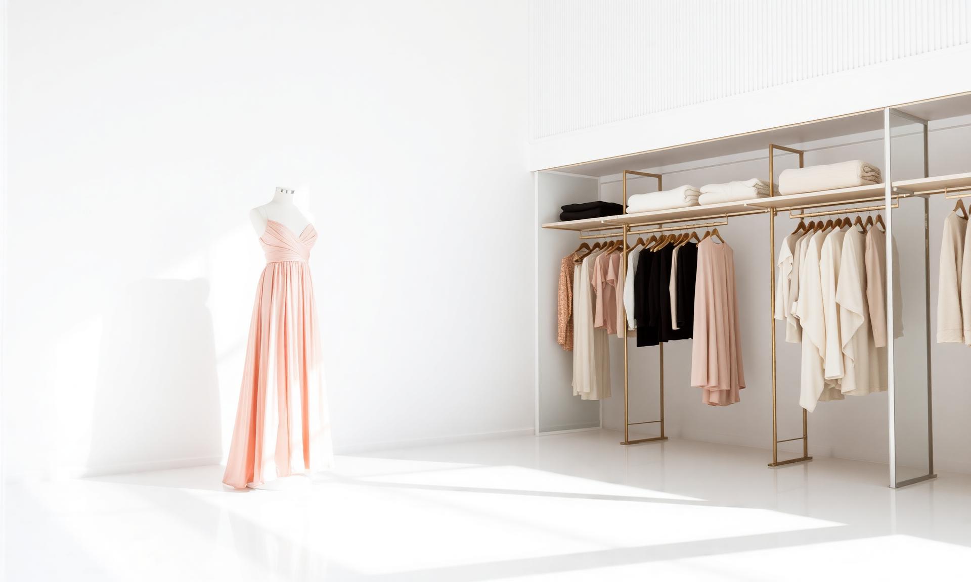 Blush pink designer gown displayed in a bright boutique showroom